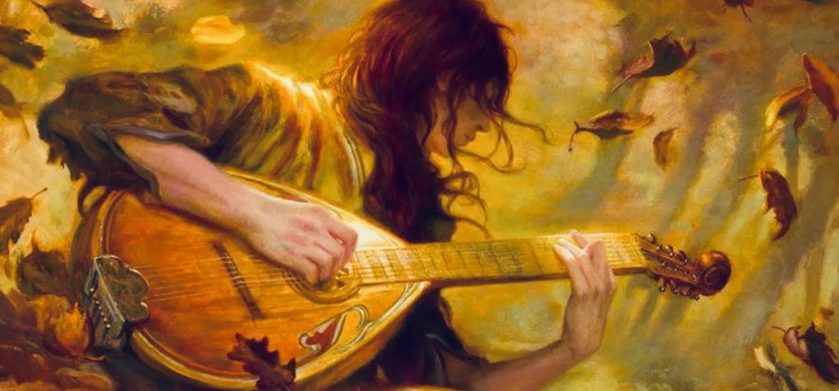 Kvothe playing the lute in a golden forest